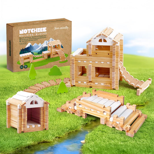 Jovi-mindly Notchies wooden blocks with storage bag for organized play and easy cleanup.