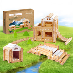 Jovi-mindly Notchies wooden blocks with storage bag for organized play and easy cleanup.