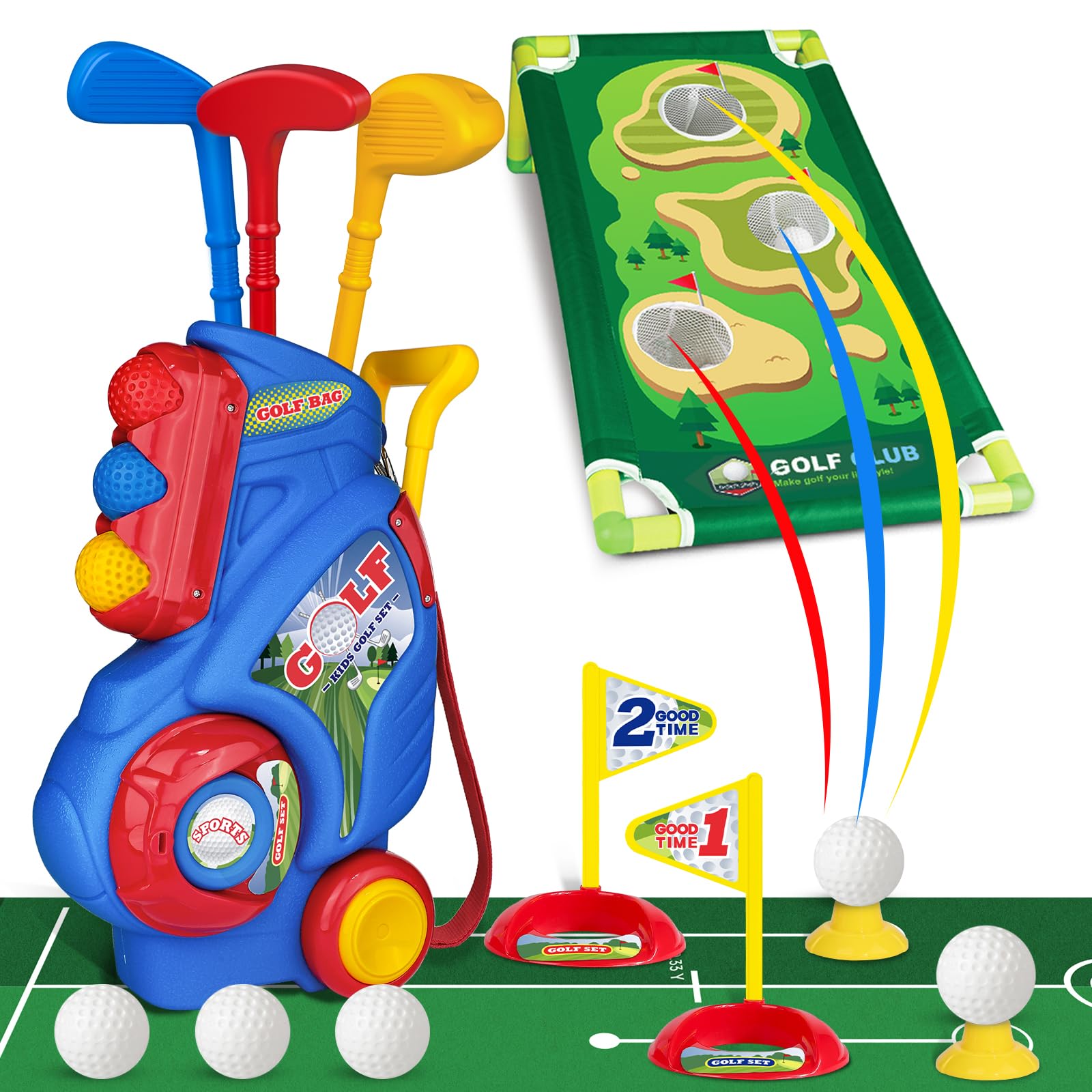 Jovizo toddler golf cart blue, portable design keeps toys organized during playtime.