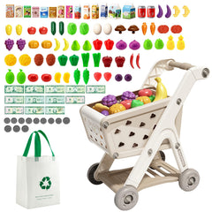 Jovow 102pc shopping cart full of pretend foods boosts imaginative play and vocabulary.
