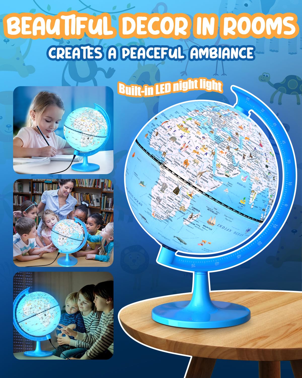 JOWHOL globe with 100+ illustrations highlights continents, oceans, and cultures.