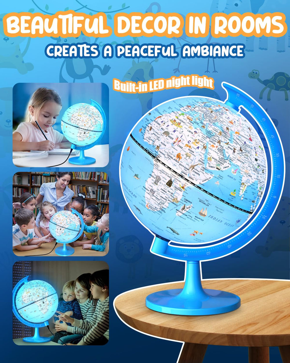 JOWHOL globe with 100+ illustrations highlights continents, oceans, and cultures.