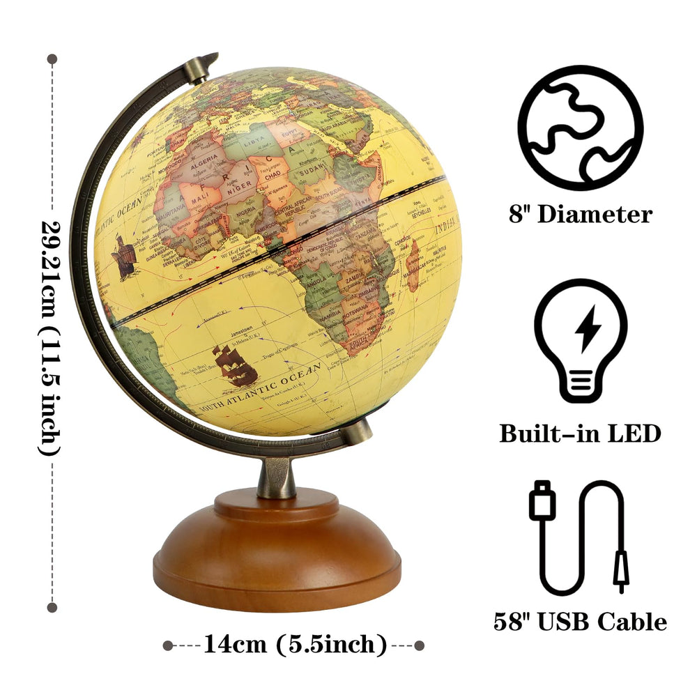 JOWHOL antique brass arc globe on rubberwood stand enhances desk display.