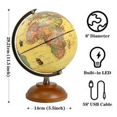 JOWHOL antique brass arc globe on rubberwood stand enhances desk display.