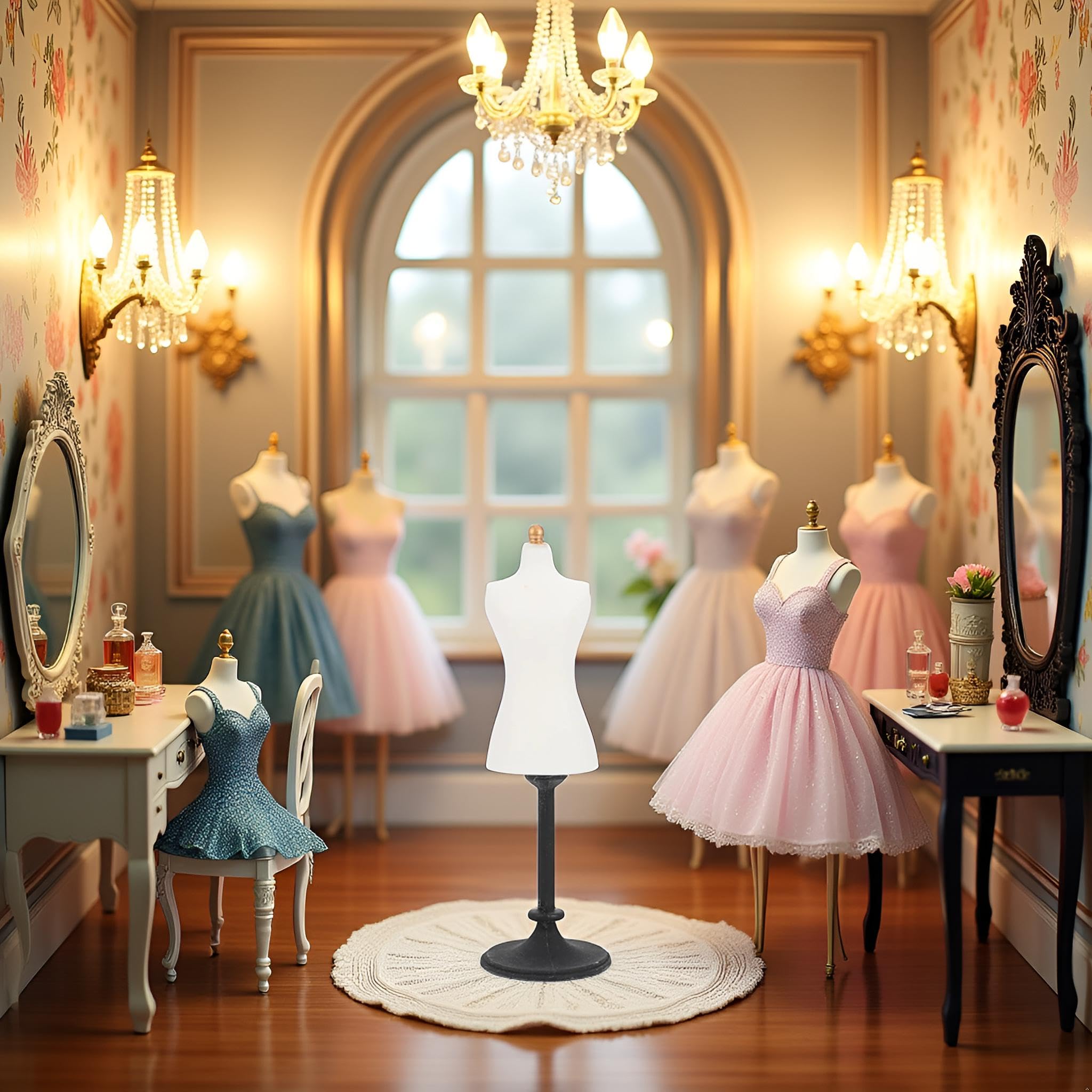 Jowxsx dress form displayed with fabrics for boutique miniatures