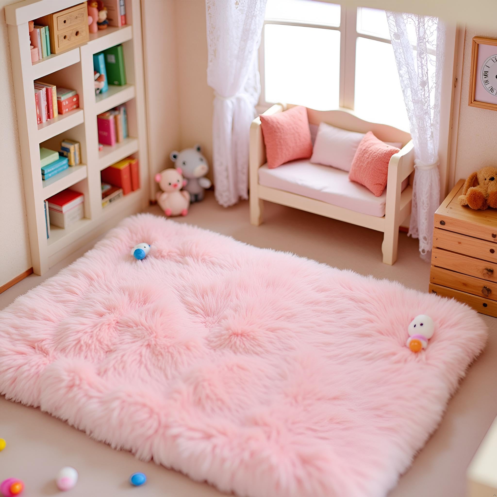 Jowxsx pink dollhouse carpet in living room scene demonstrates versatile scale.