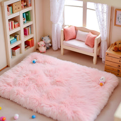 Jowxsx pink dollhouse carpet in living room scene demonstrates versatile scale.