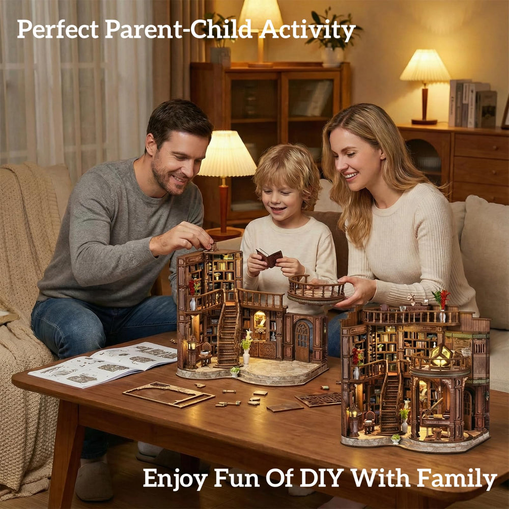 Joxvizx dollhouse scene illuminated by built in lights to highlight intricate woodwork.