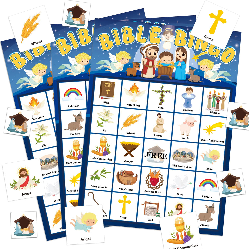 Joy Bang Bible Bingo cards for 24 players in a Sunday school setting