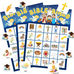 Joy Bang Bible Bingo cards for 24 players in a Sunday school setting