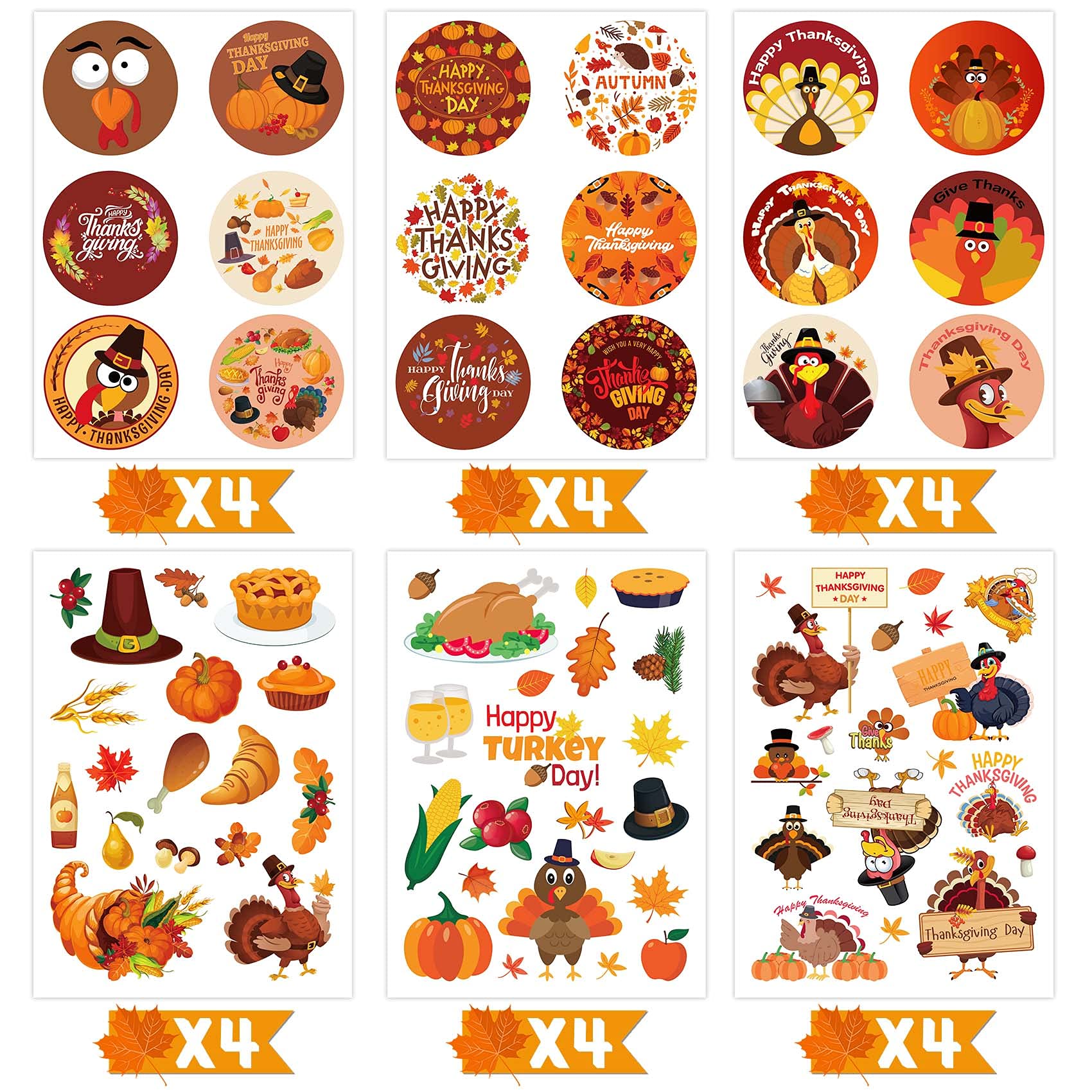Joy Bang turkey stickers—six designs, ideal for decorating cards and envelopes.