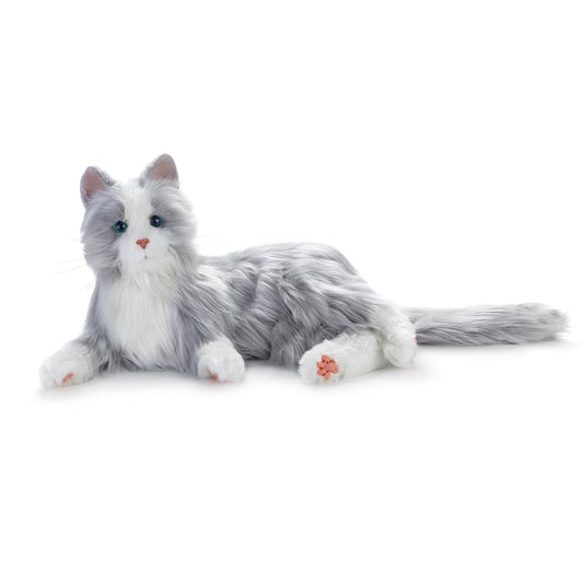 Joy For All Companion Cat in silver with white mitts, side view, comforting companionship for seniors