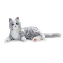 Joy For All Companion Cat in silver with white mitts, side view, comforting companionship for seniors