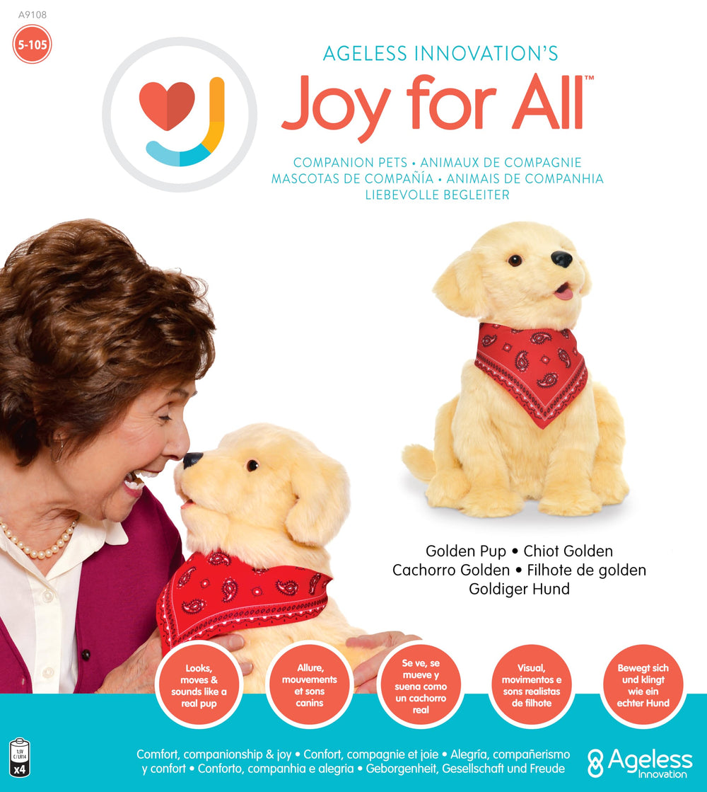 Joy For All Golden Pup BarkBack voice activation stimulates responsive interaction.