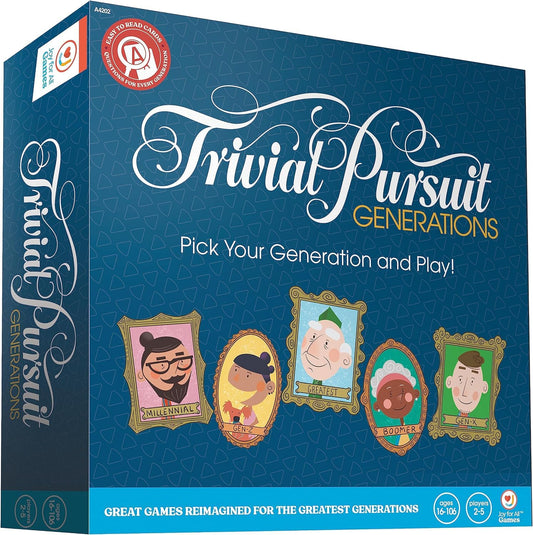 Joy for All Trivial Pursuit Generations card spread with generational questions for shared nostalgia