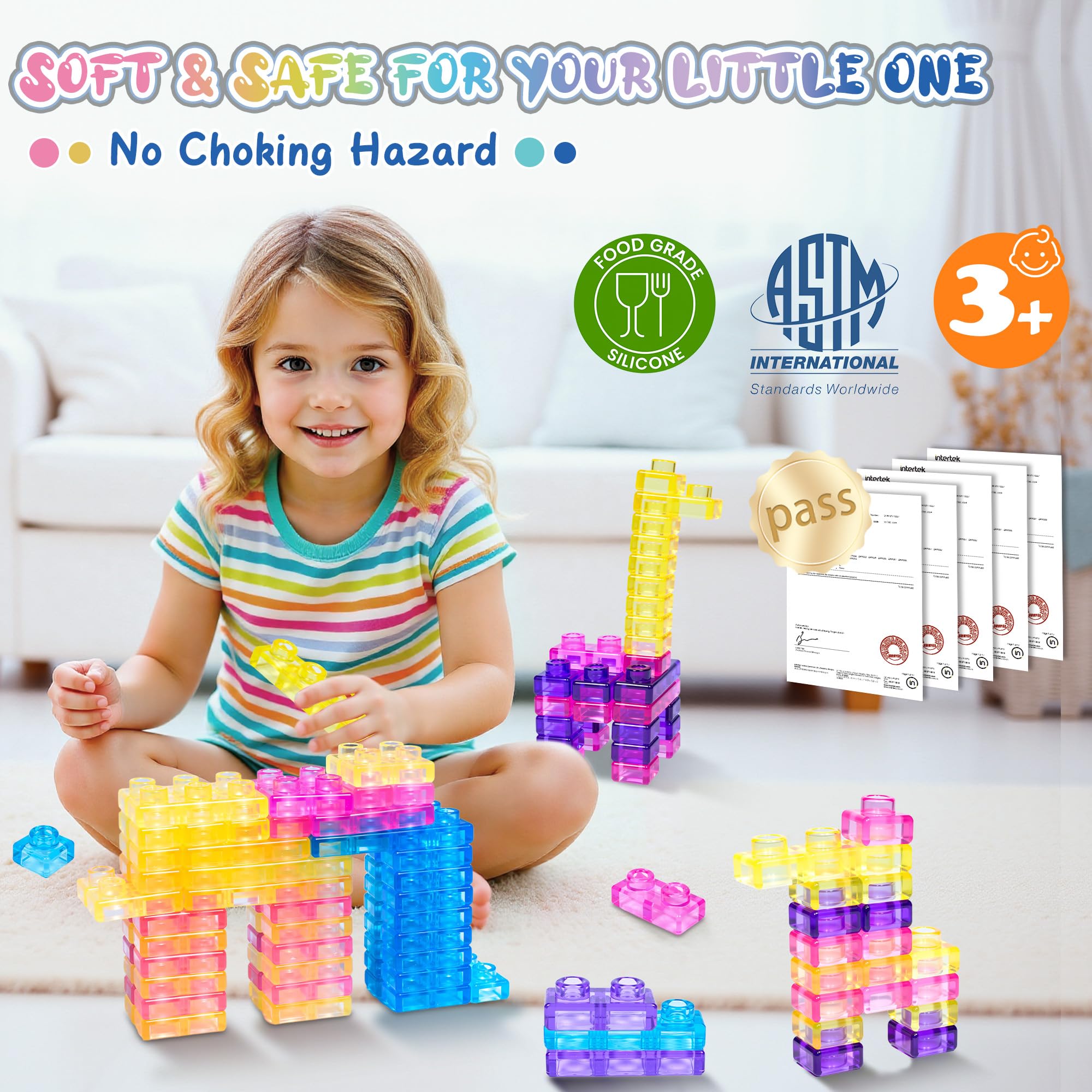 JOY SPOT! blocks squishy interlocking design boosts fine motor skills during play.