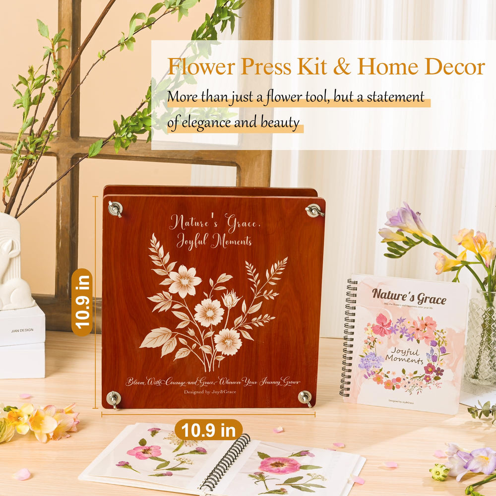 Joy&Grace embossed press board highlights floral artwork and keepsakes.