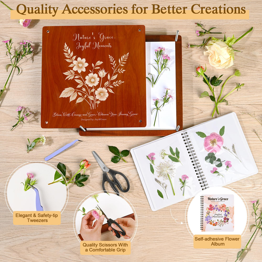 Joy&Grace flower album display keeps pressed blooms organized and ready to admire.