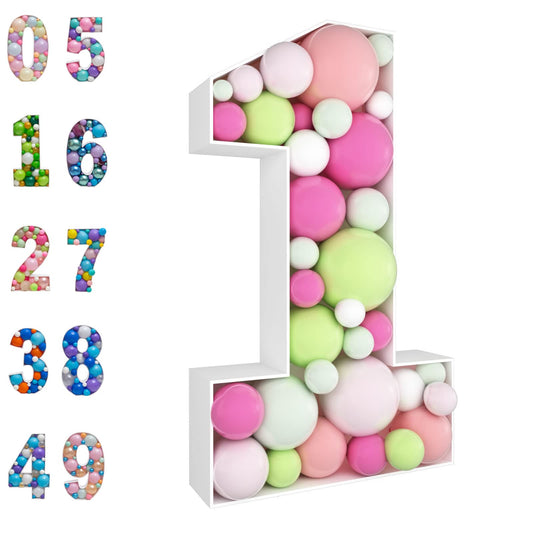 JoyBox Design 3 ft mosaic balloon frame number 1 front view creates a festive photo backdrop