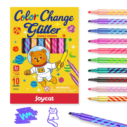 JoyCat 10-pack magic glitter markers show color-changing barrels for easy color matching and fun effects.