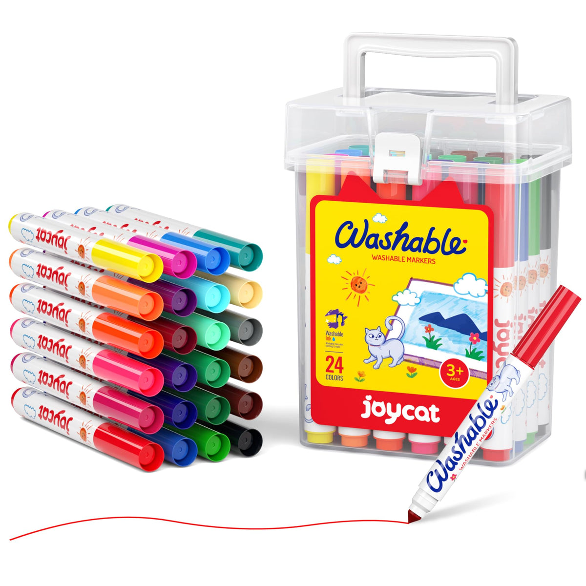 JoyCat 24-count washable markers in a compact case for organized color creativity.