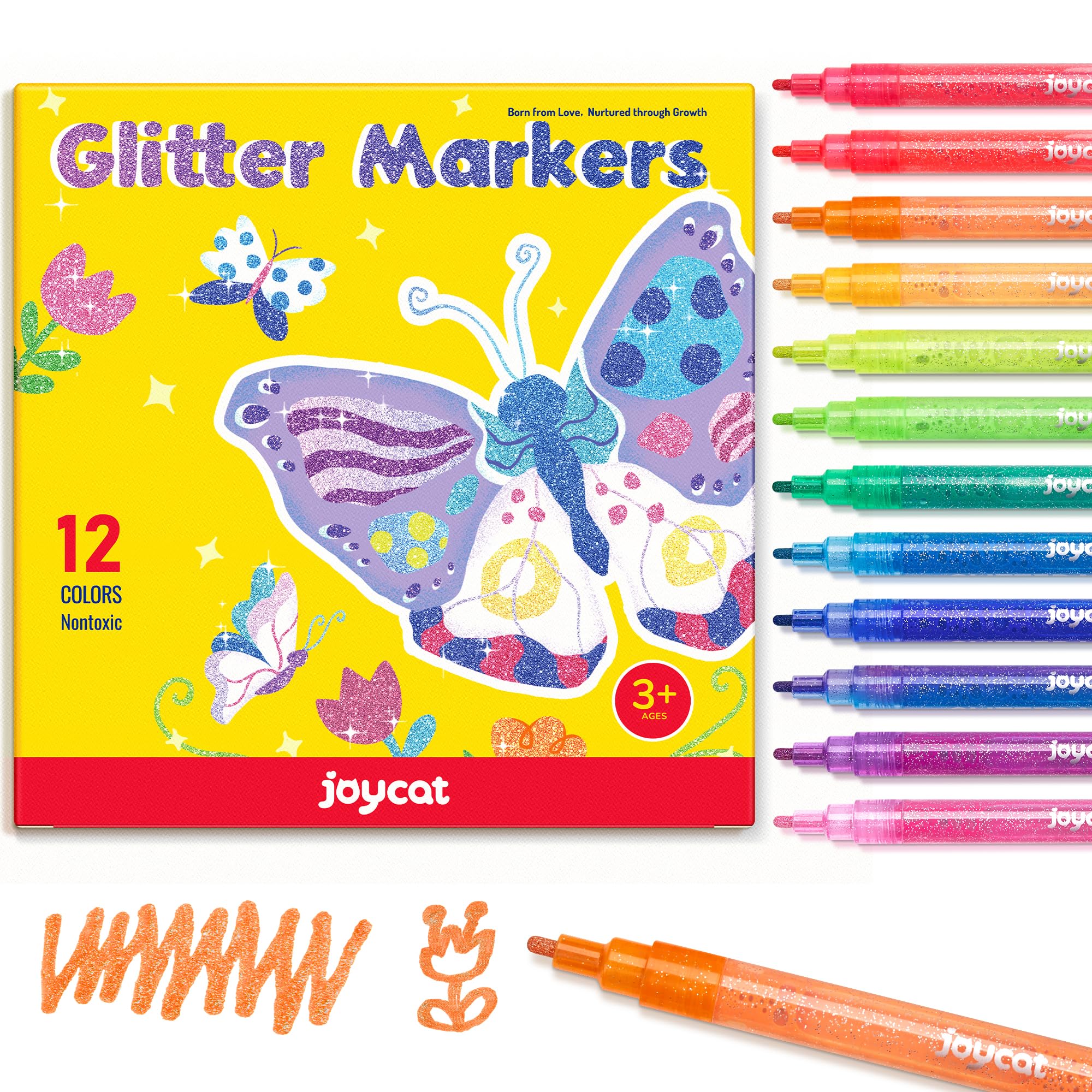 JoyCat 3mm glitter marker swatches show vibrant colors with brilliant shimmer for crafts