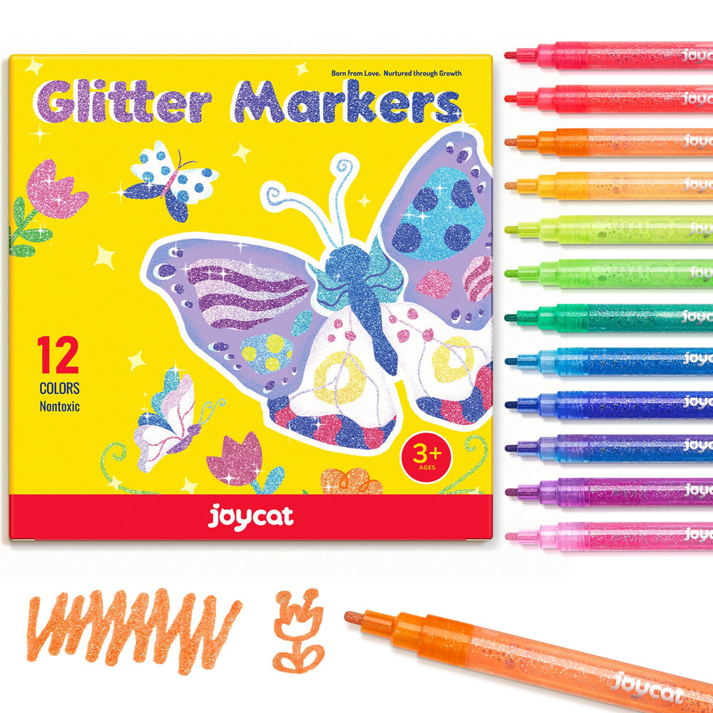 JoyCat 3mm glitter marker swatches show vibrant colors with brilliant shimmer for crafts