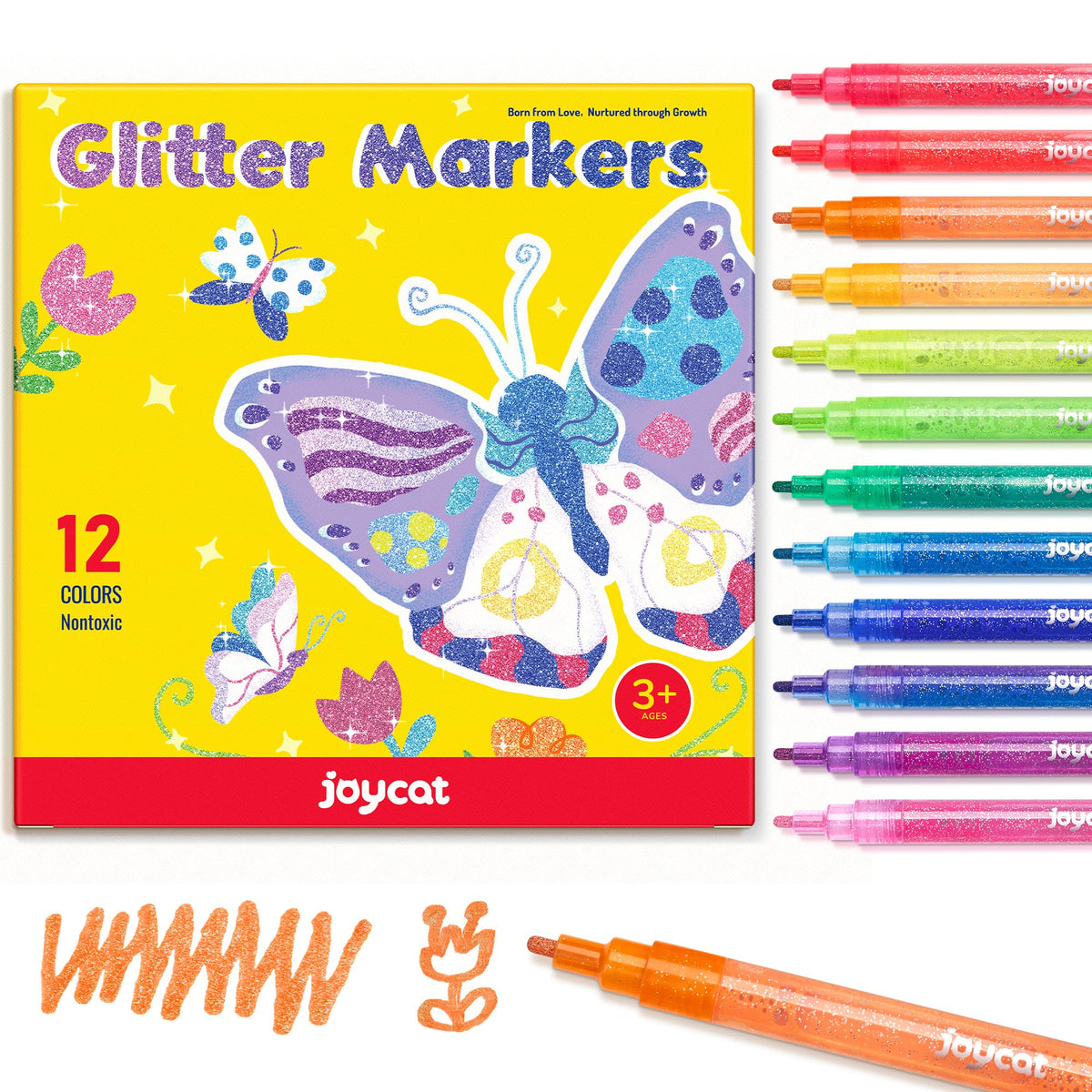 JoyCat 3mm glitter marker swatches show vibrant colors with brilliant shimmer for crafts