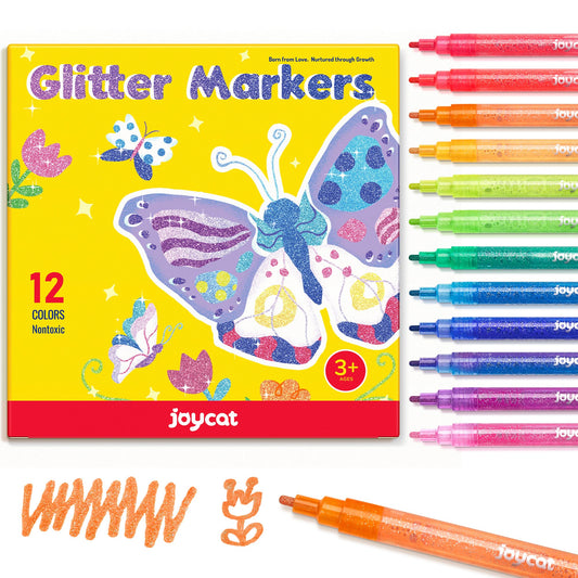 JoyCat 3mm glitter marker swatches show vibrant colors with brilliant shimmer for crafts