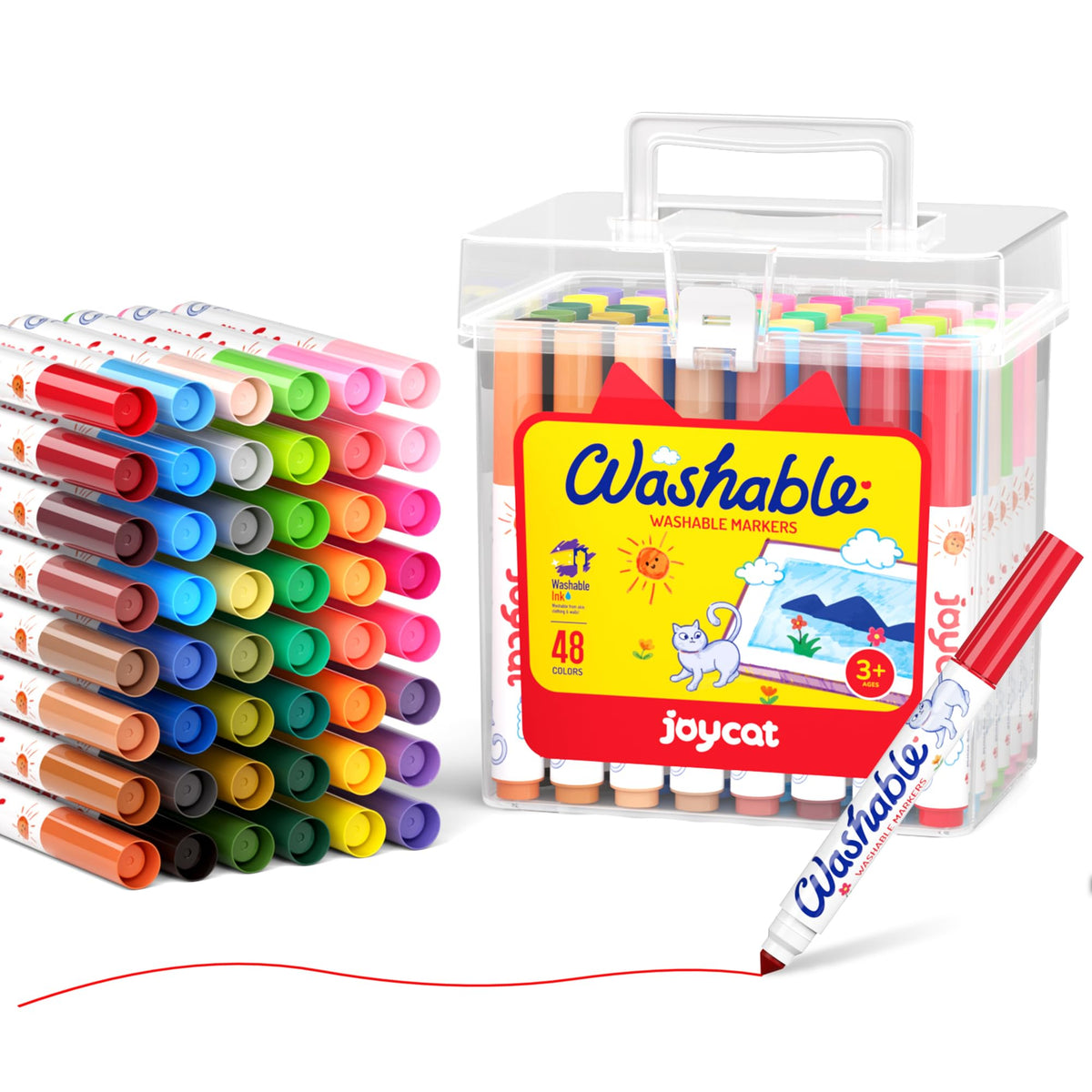 JoyCat 48-count washable markers in a case for easy storage and travel.