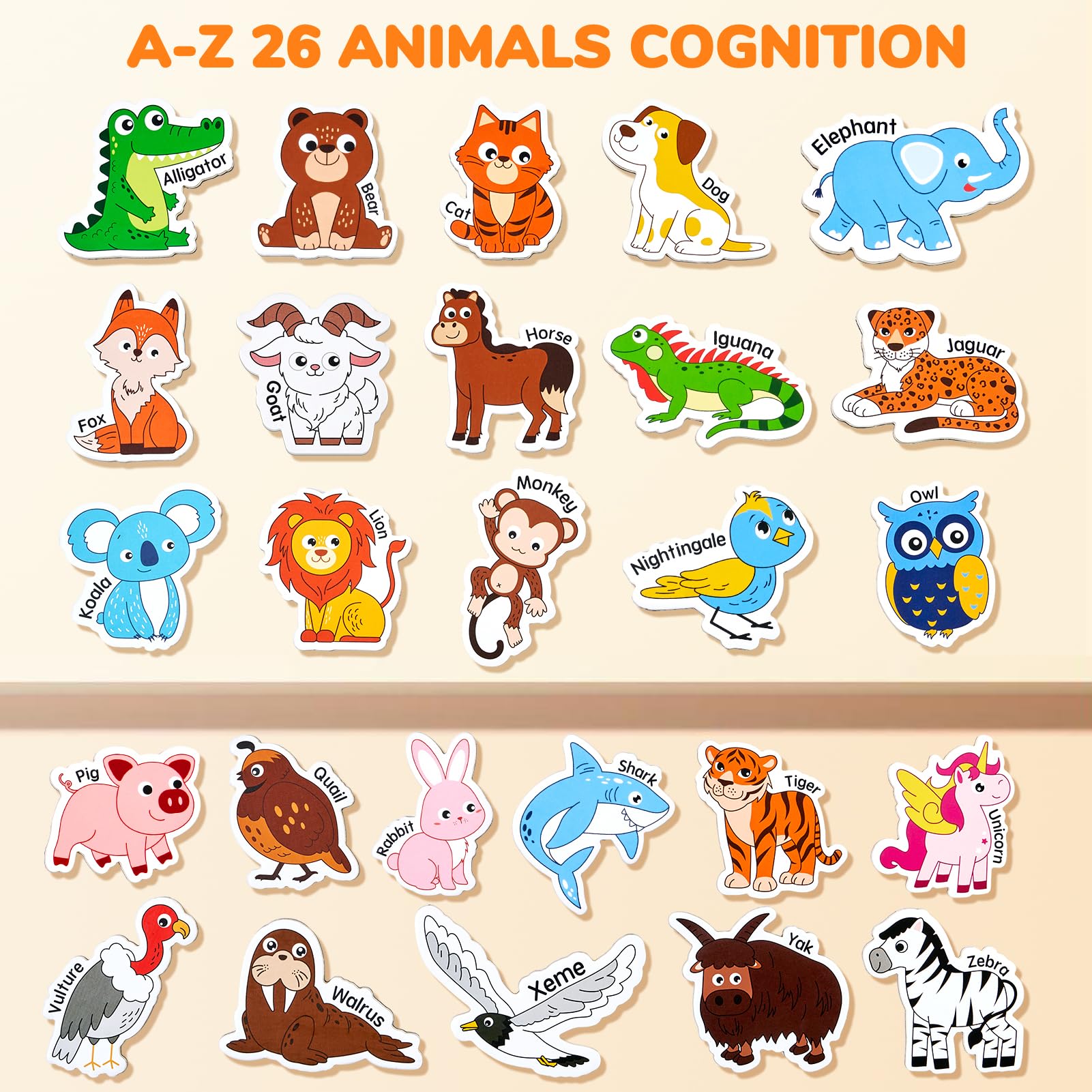 JoyCat animal magnets on a fridge showcase bright colors for toddler discovery.