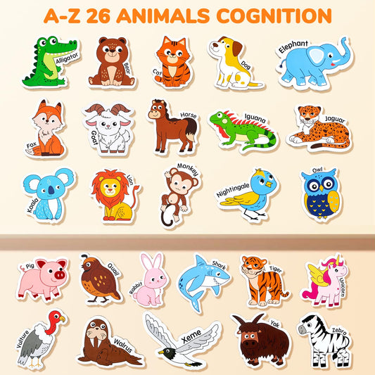 JoyCat animal magnets on a fridge showcase bright colors for toddler discovery.
