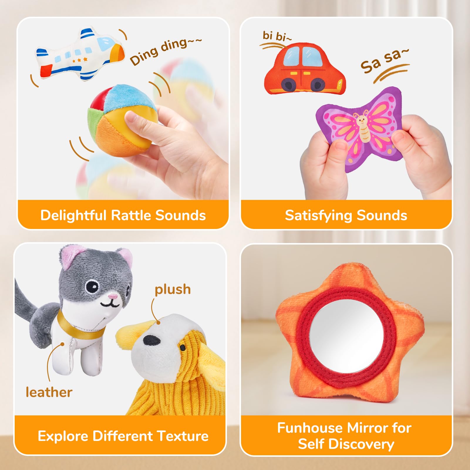 JoyCat mirror toy promotes self-view and visual tracking.