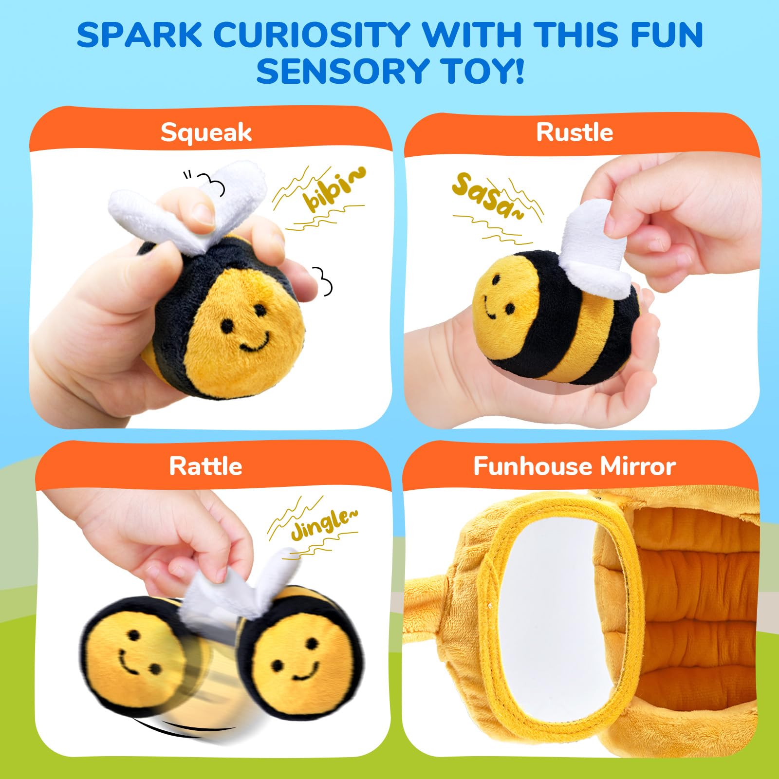JoyCat Bee Squeaker gentle squeak invites cause and effect learning.