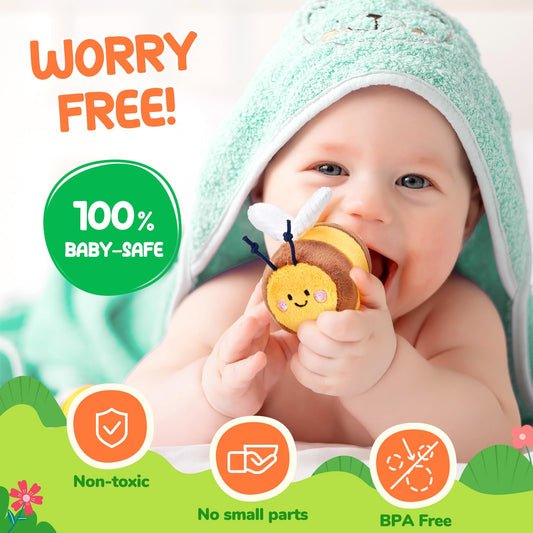 JoyCat Beehive toy bees with rattles and squeakers encourage grabbing and shaking.