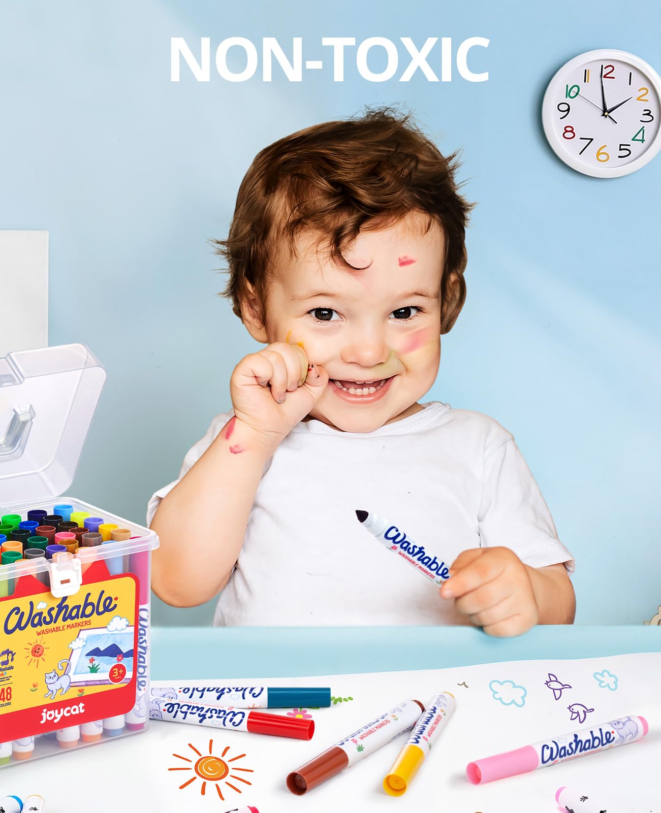 JoyCat conical-tip markers deliver broad and fine lines for details.