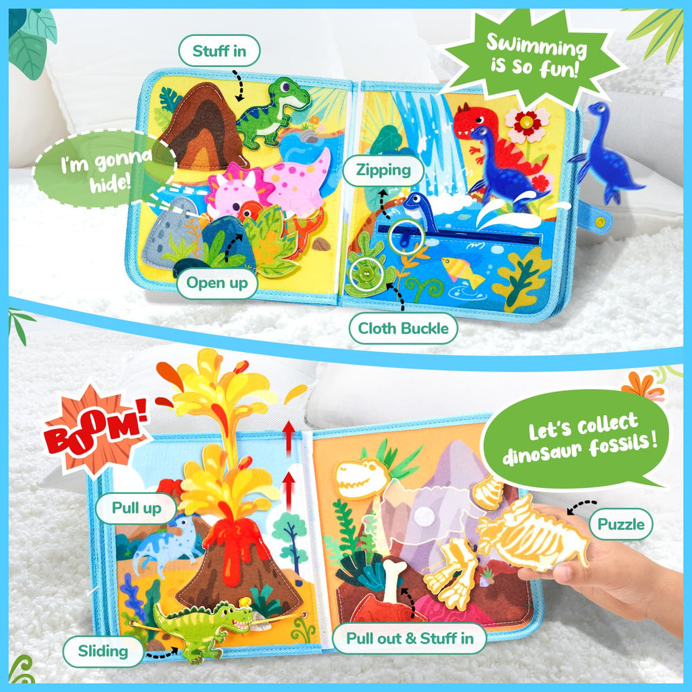 JoyCat Dinosaur Busy Book buttons and snaps build fine motor skills.