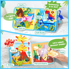 JoyCat Dinosaur Busy Book buttons and snaps build fine motor skills.