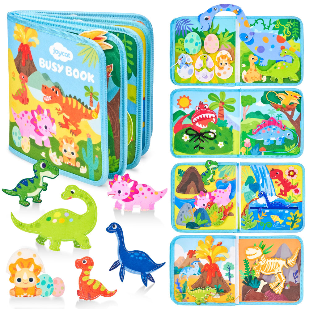 JoyCat Dinosaur Busy Book cover with bright colors inviting imaginative play.