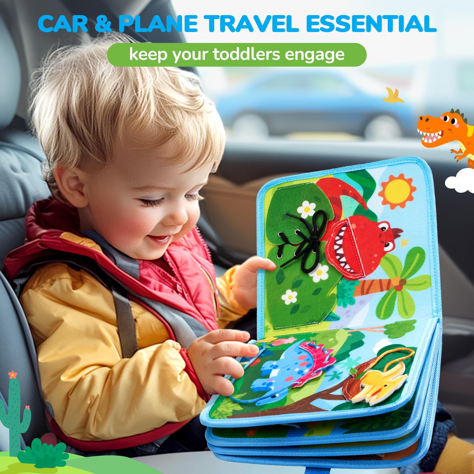JoyCat Dinosaur Busy Book shoe tying and lacing pages.