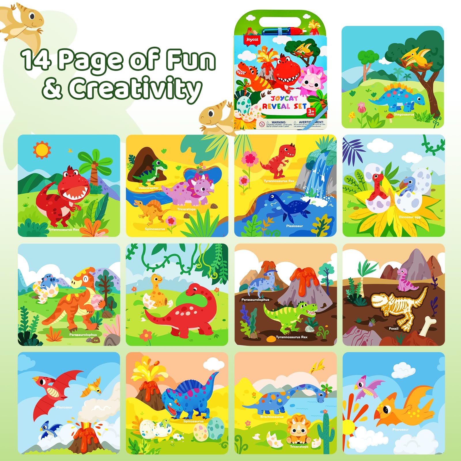 JoyCat dinosaur color reveal pages with vivid, water-activated art