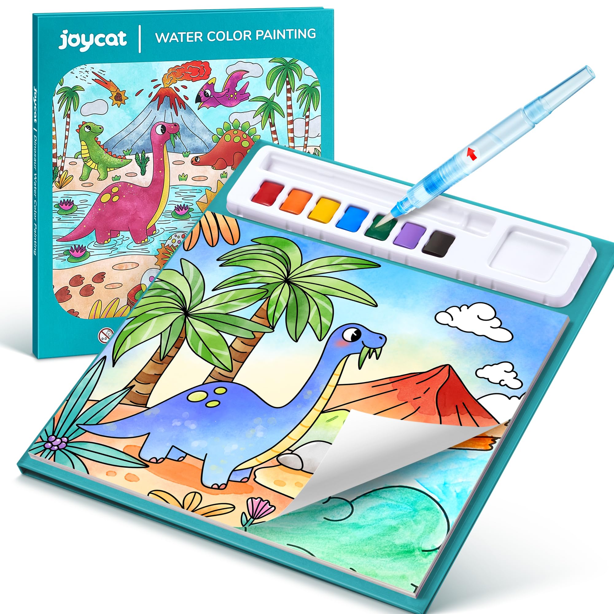 JoyCat dinosaurs watercolor book front cover to inspire screen-free color play.