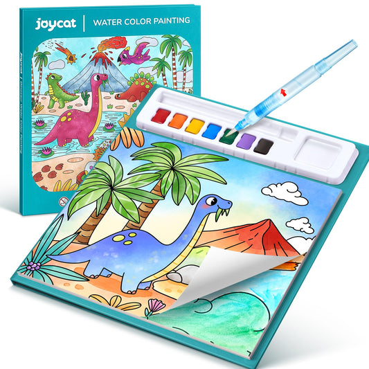 JoyCat dinosaurs watercolor book front cover to inspire screen-free color play.