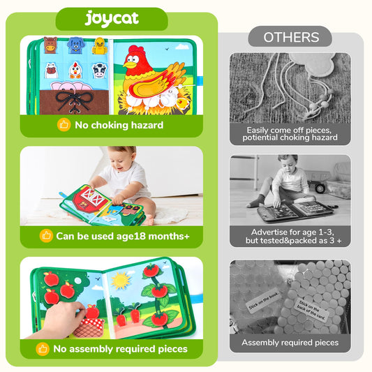 JoyCat Farm Busy Book open page with interactive activities for curious toddlers