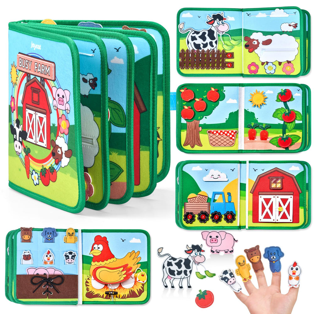 JoyCat Farm Busy Book cover shows 15 farm activities for toddler learning