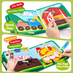 JoyCat Farm Busy Book dressing task scene supports fine motor development