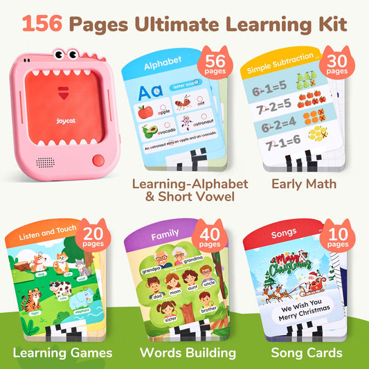 JoyCat flash cards spread showing 156 pages for letters, vowels, and numbers.