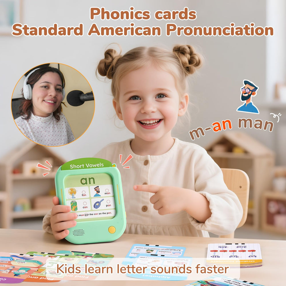 JoyCat flash cards spread demonstrates interactive sound effects and word building