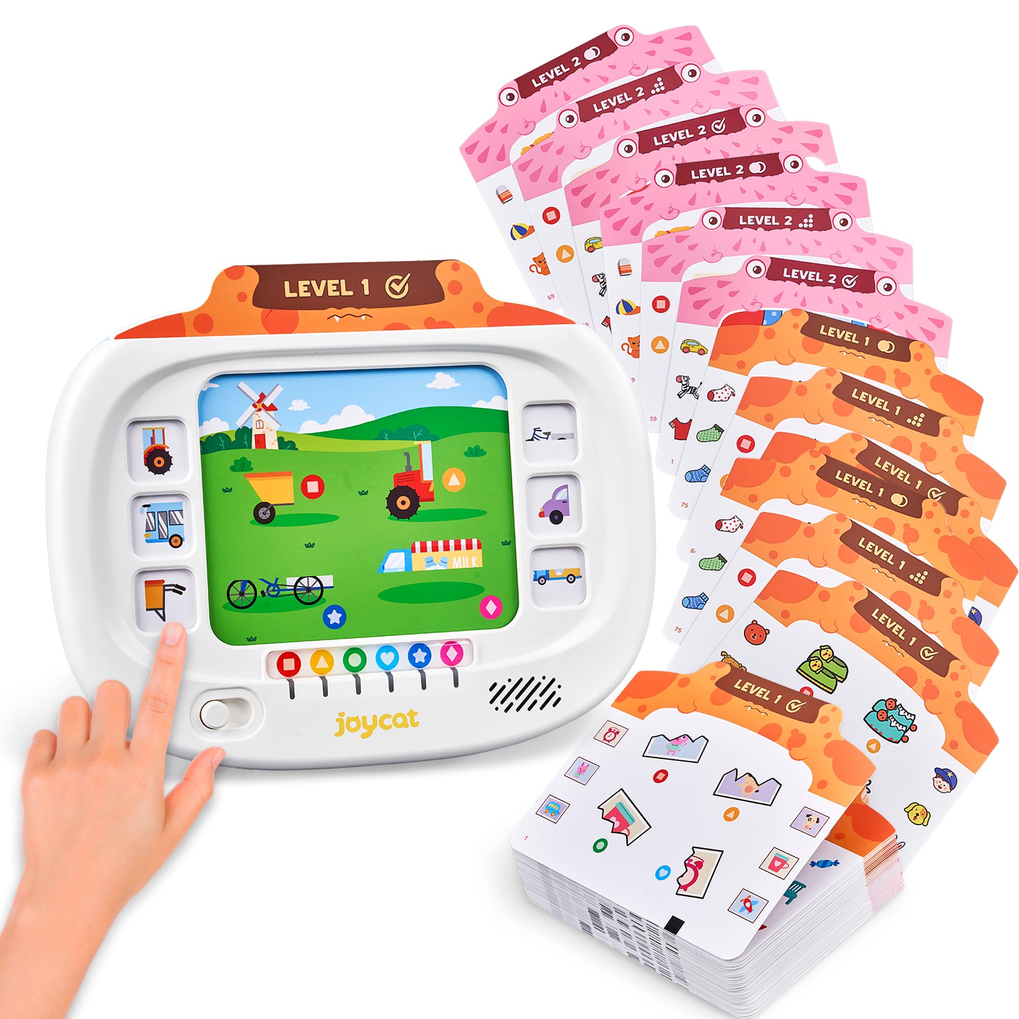 JoyCat Kids Learning Tablet with 160-page flash cards for screen-free logic practice at home.