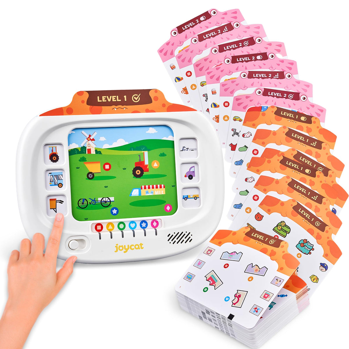 JoyCat Kids Learning Tablet with 160-page flash cards for screen-free logic practice at home.